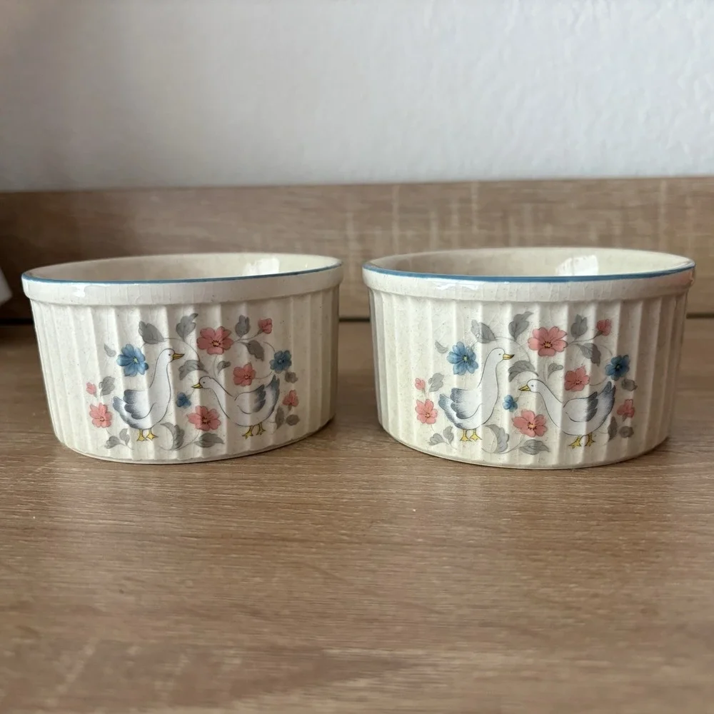 Set of 2 Cottagecore Vintage Country Classics Goose Geese Floral Ramekins 1988